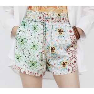 ZARA Printed Satin Shorts • Size S • Patchwork Boho Tile Print • Lightweight Sum